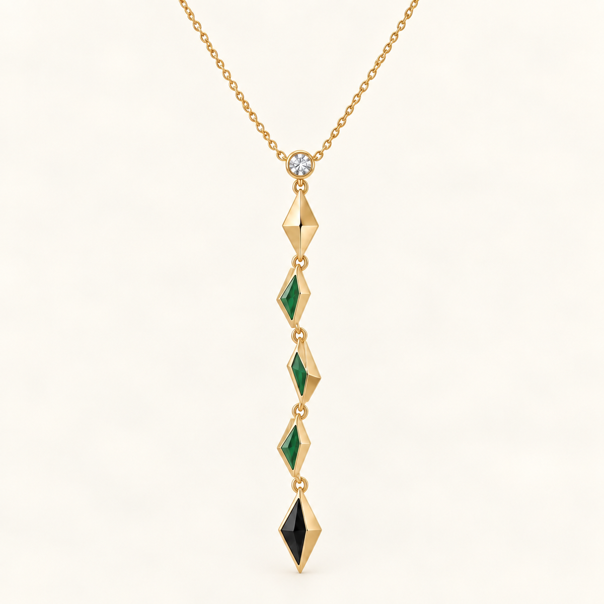 Amunet Cascade Lariat, a green, black, gold, white geometric necklace