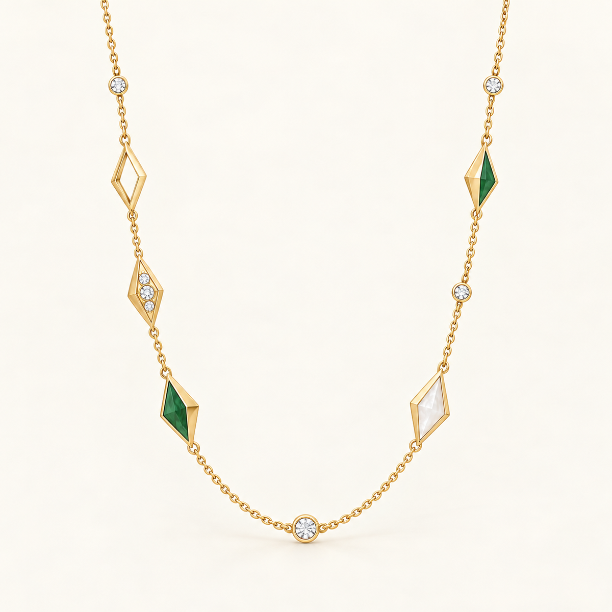 Nomad Constellation Necklace, a green, gold, white geometric necklace