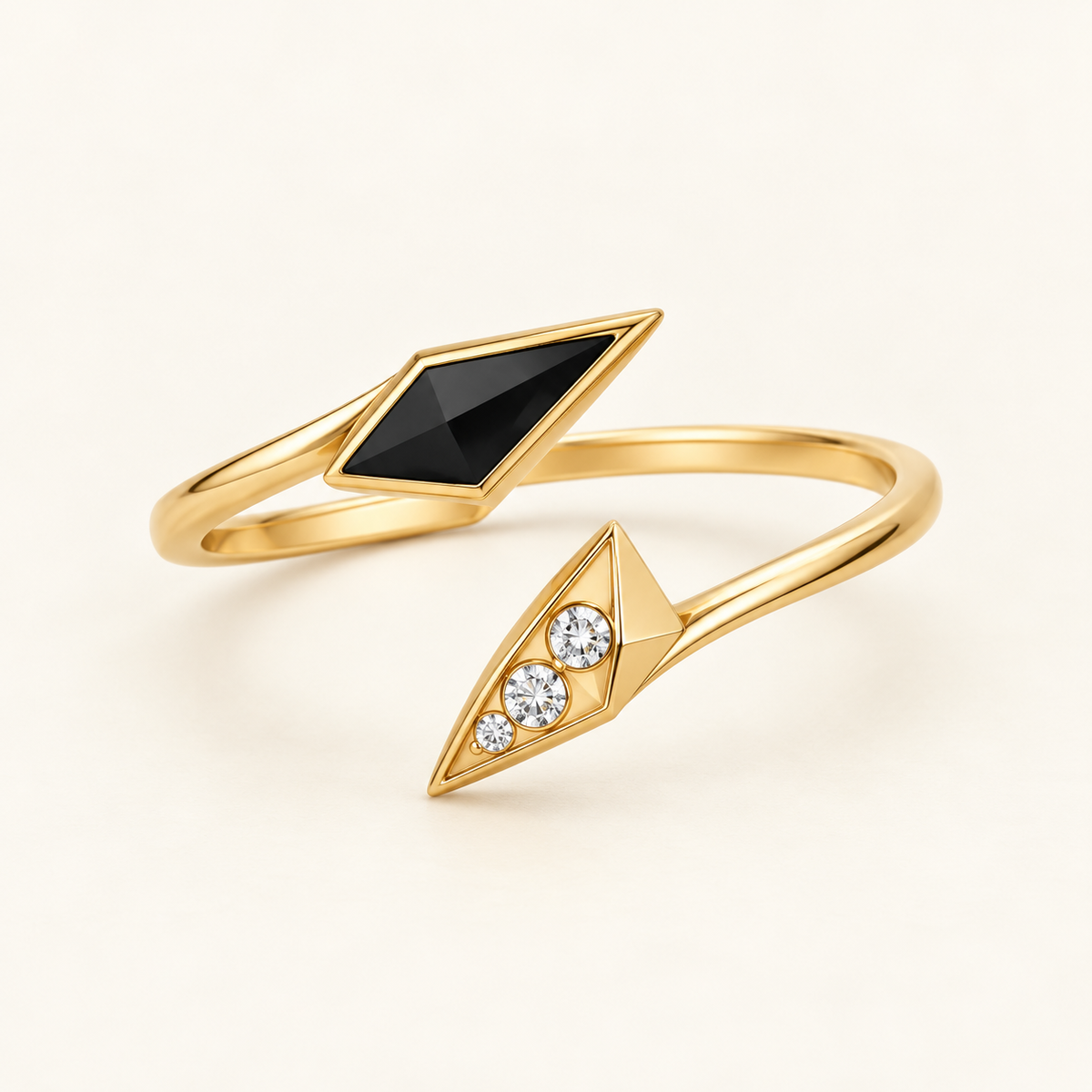 Obsidian Oracle Bypass Ring, a black, gold, white geometric ring