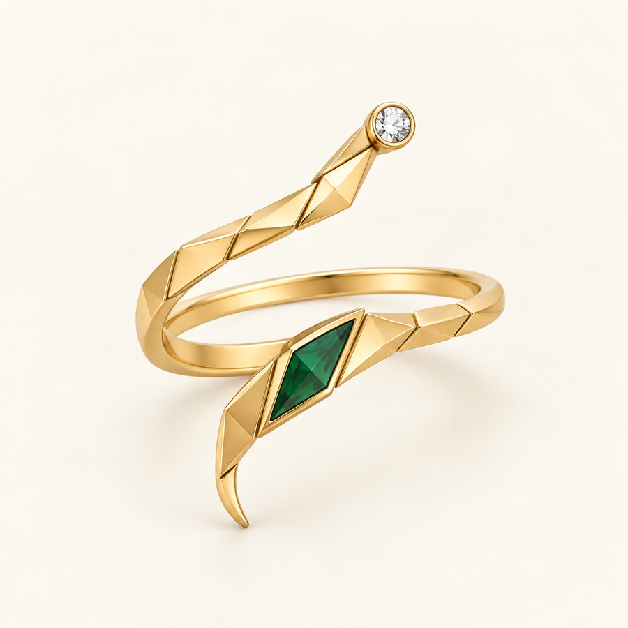 Verdant Helix Ring, a green, gold, white geometric ring