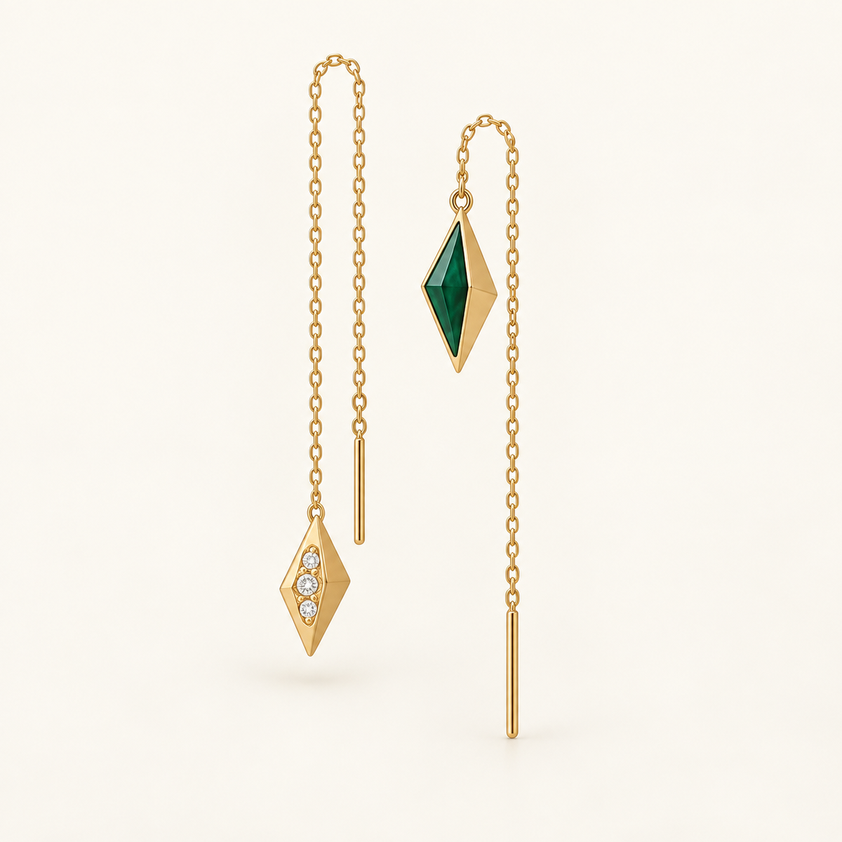 Sahar Threader Earrings, a green, gold, white geometric earrings