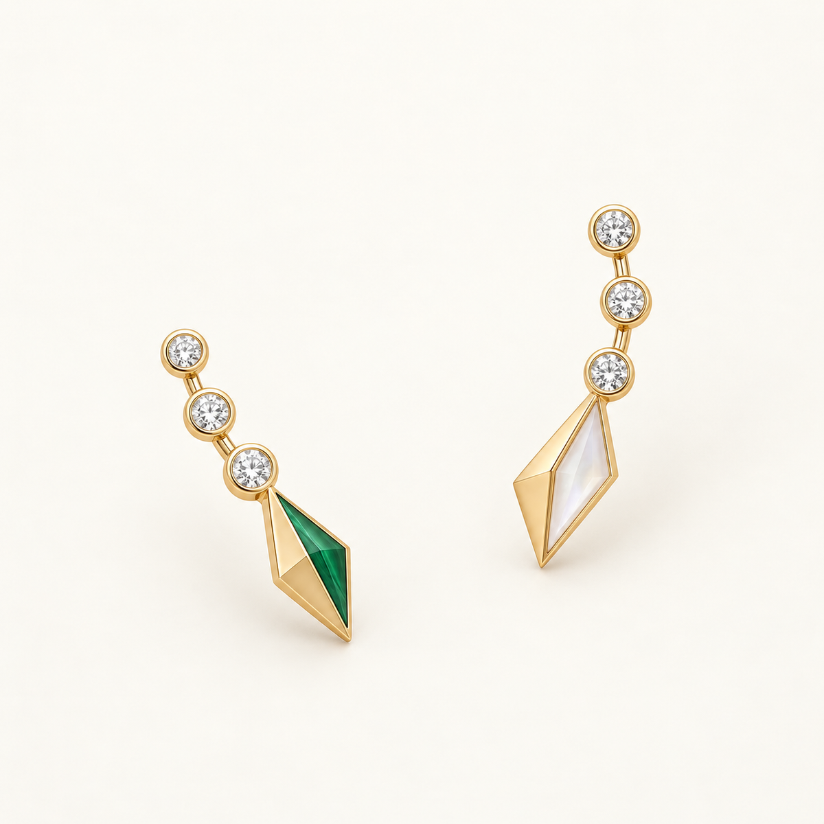 Oracle Asymmetric Climbers, a green, gold, white geometric earrings