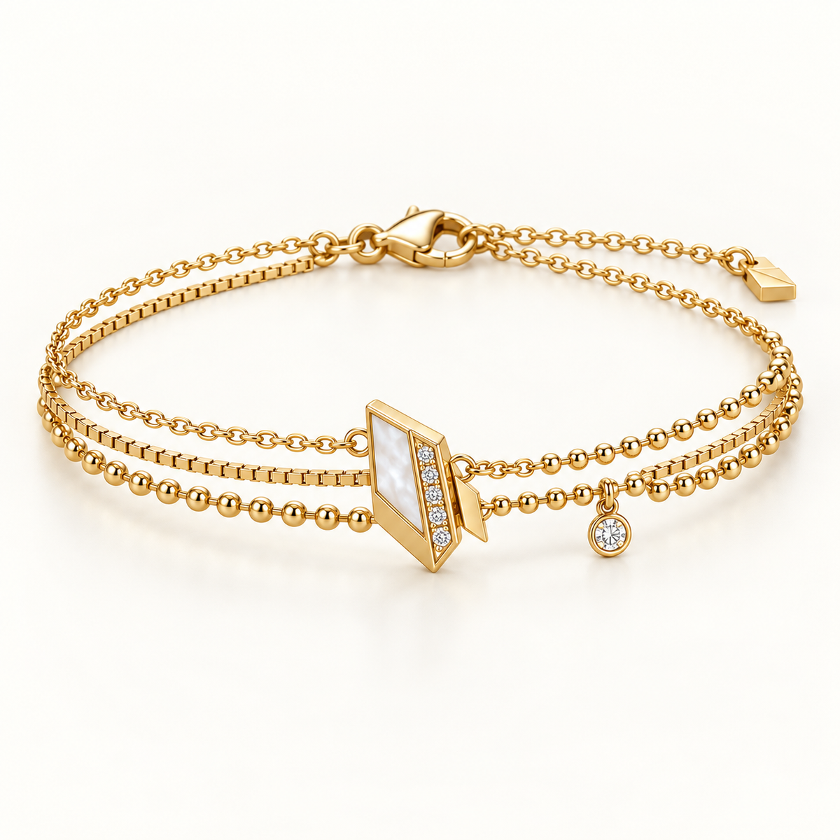Chandra Triple-Chain Bracelet, a gold, white geometric bracelet