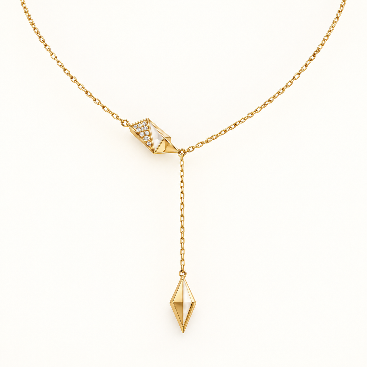 Zephyra White Y Necklace, a gold, white geometric necklace