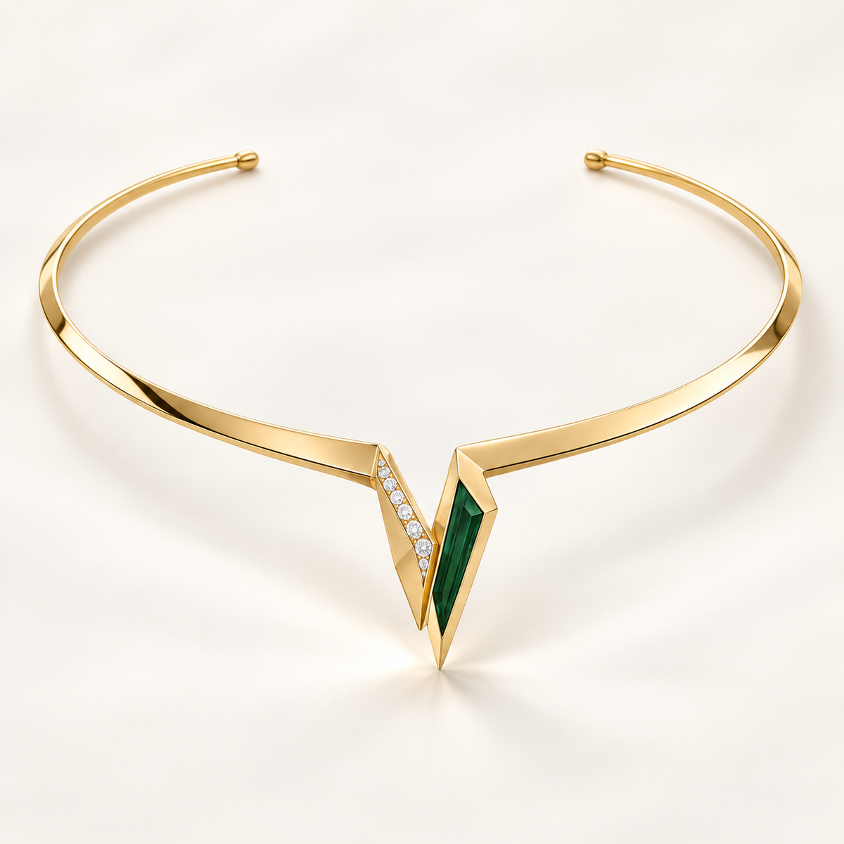 Emerald Vesper Collar, a green, gold, white geometric necklace