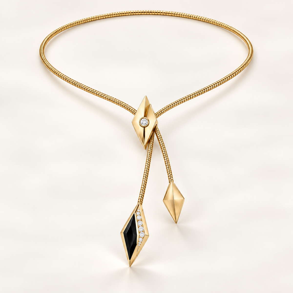 Onyx Nomad Bolo Necklace, a black, gold, white geometric necklace