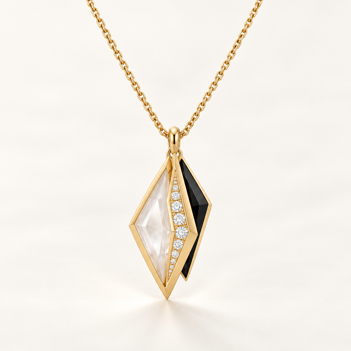 Eclipse Triptych Pendant, a black, gold, white geometric necklace
