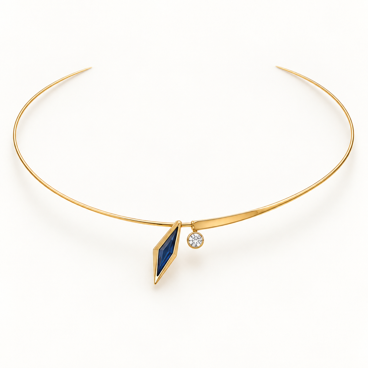 Azure Djinn Torque, a blue, gold, white geometric necklace