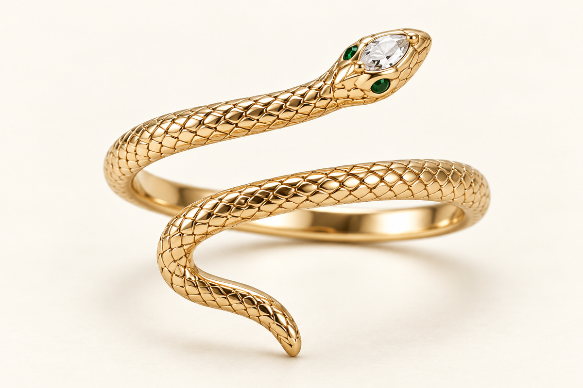 Shakti Emerald-Eye Coil Cuff, gold-finished wrap snake bracelet with a clear marquise crystal and green eyes