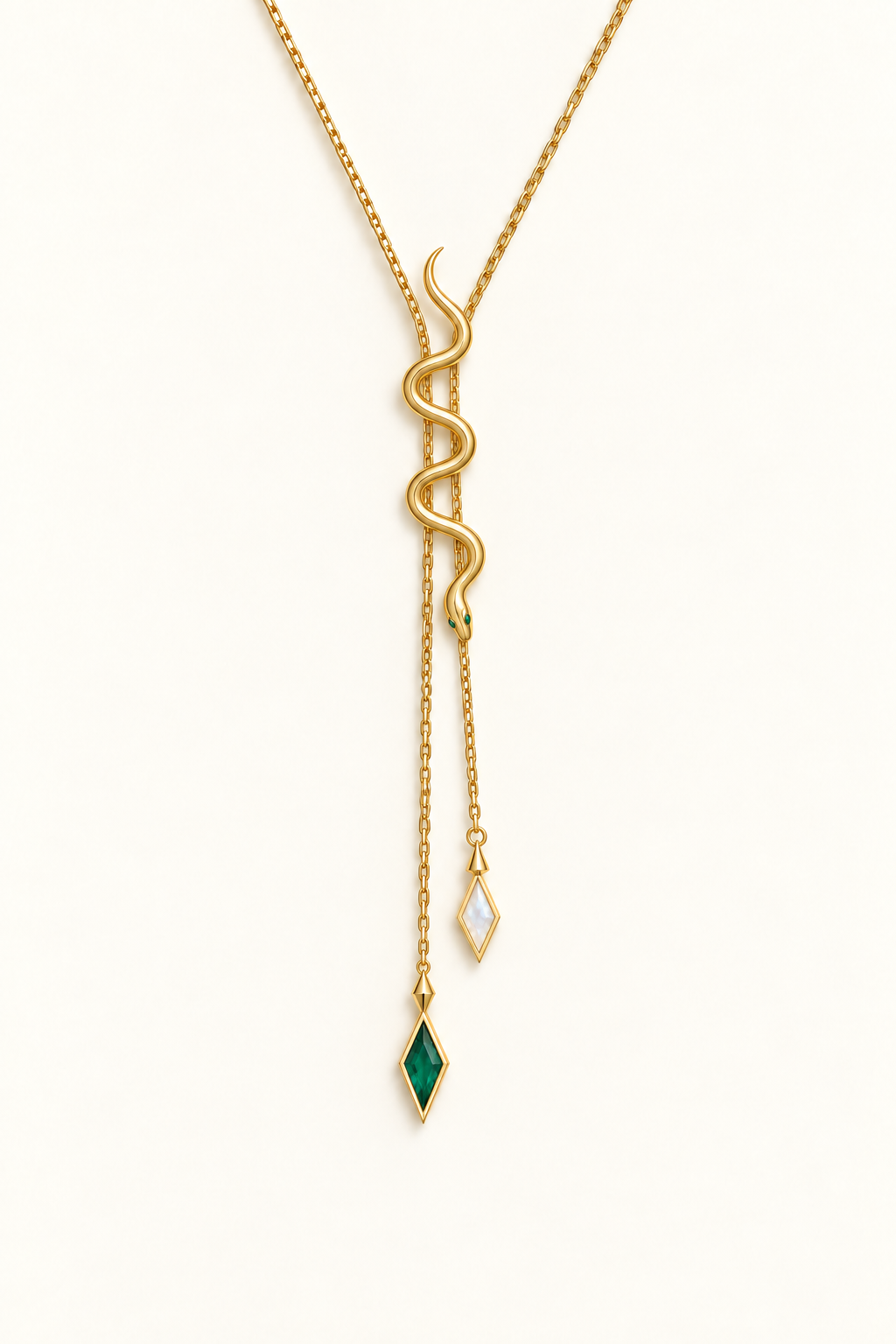 Eidolon Emerald-Eye Serpent Lariat, polished gold-finished snake necklace with green eyes and two geometric drops