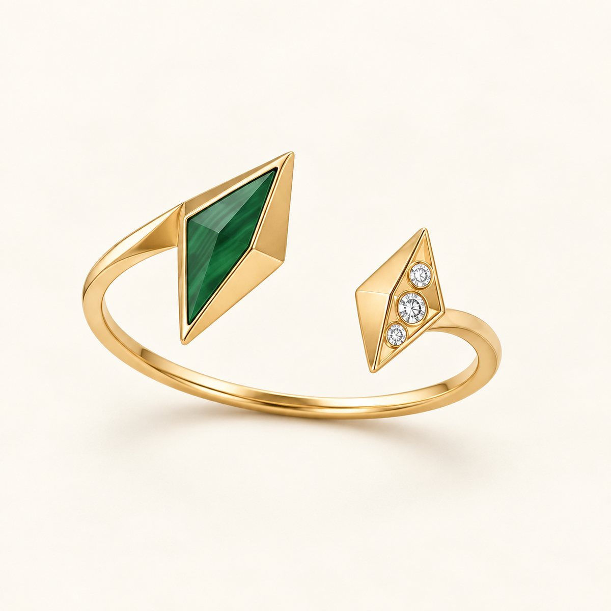 Verdant Aegis Cuff, a green, gold, white geometric bracelet