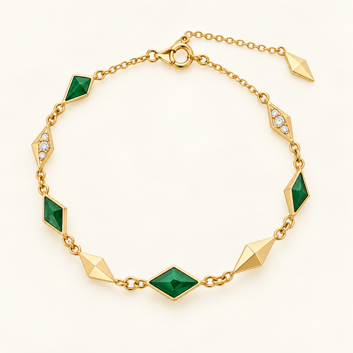 Ishtar Talisman Bracelet, a green, gold, white geometric bracelet