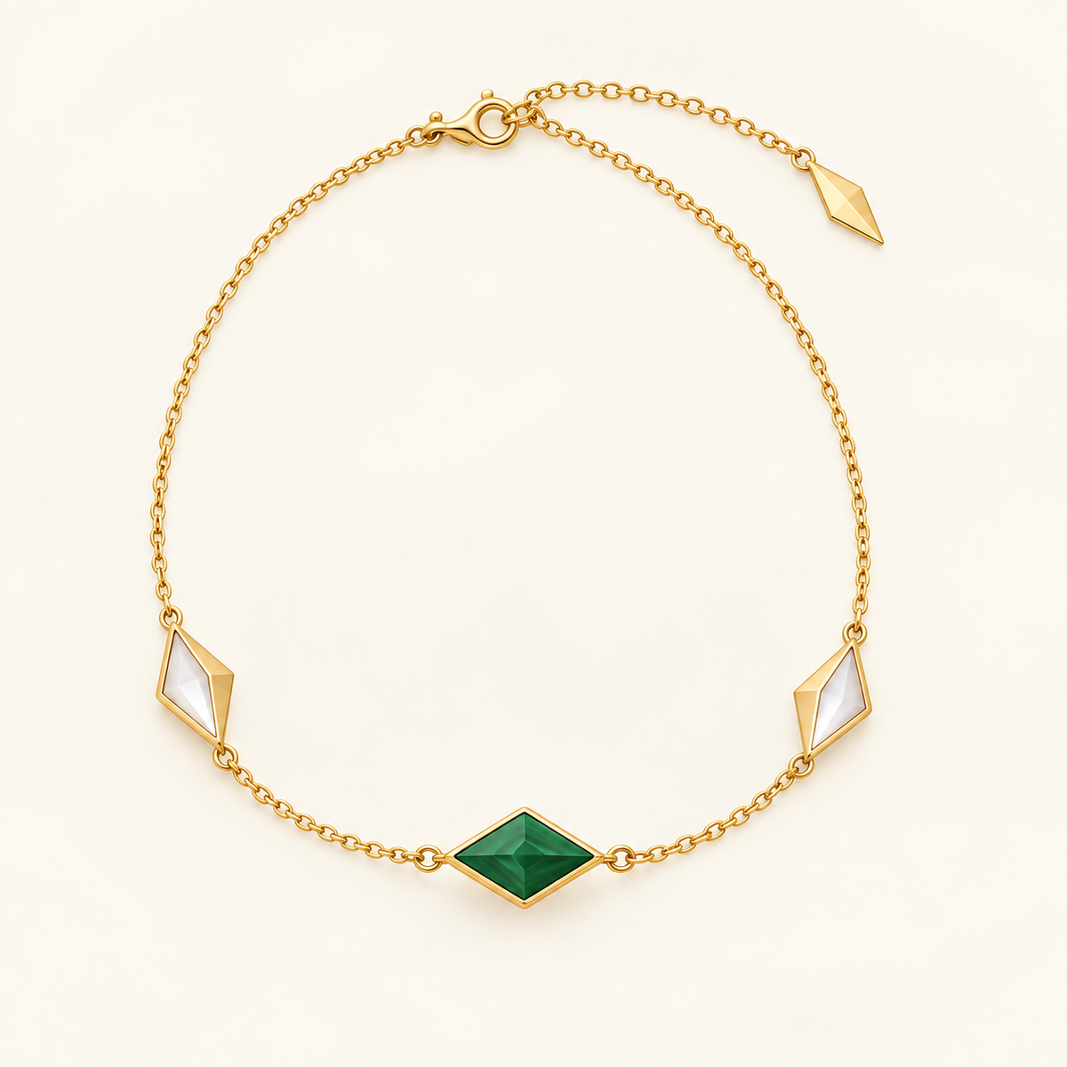 Vespera Emerald Orbit Necklace, a green, gold, white geometric necklace