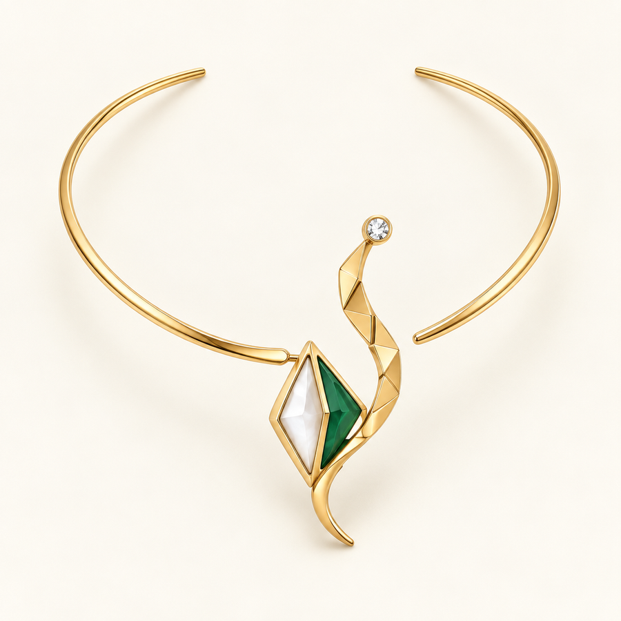 Ophira Serpent Torque, a green, gold, white geometric necklace
