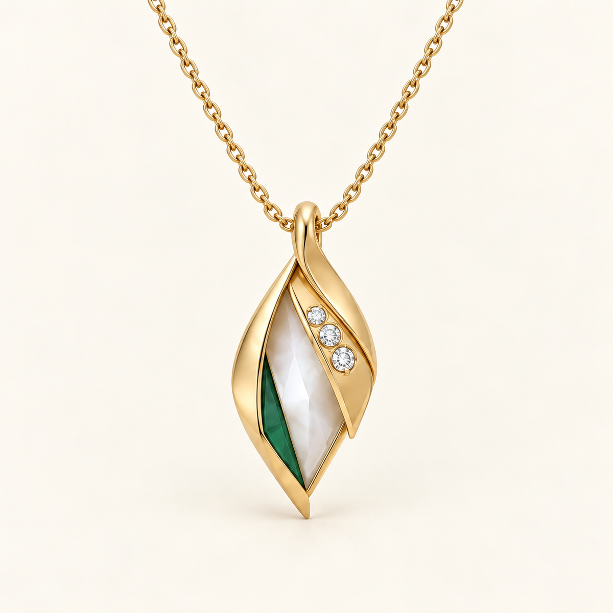 Elysian Flame Pendant, a green, gold, white geometric necklace