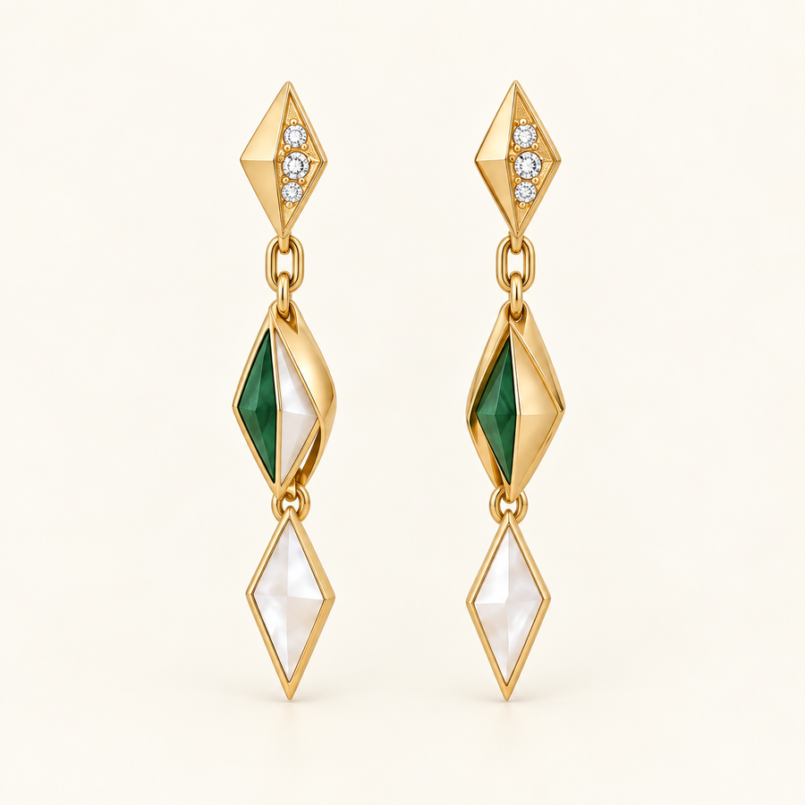 Nefertari Prism Drop Earrings, a green, gold, white geometric earrings