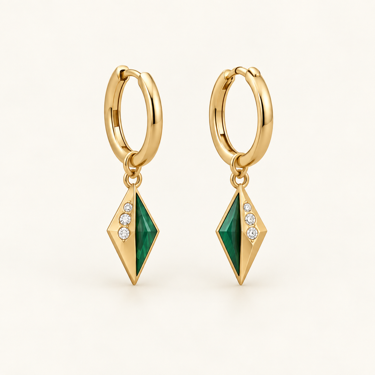 Palmyra Emerald Hoops, a green, gold, white geometric earrings