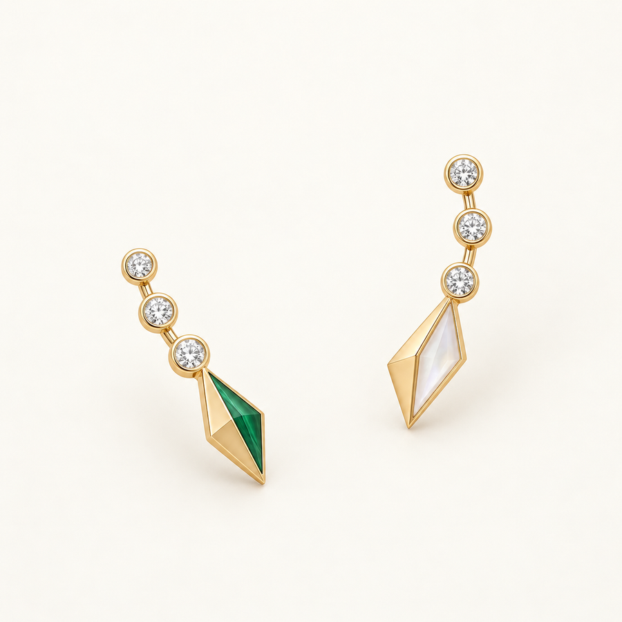 Oracle Asymmetric Climbers, a green, gold, white geometric earrings