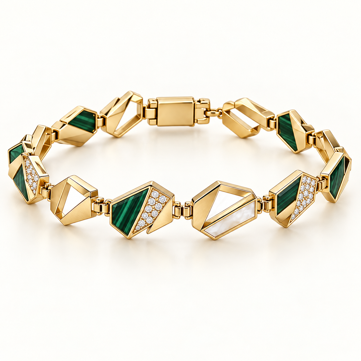Bazaar Mosaic Bracelet, a green, gold, white geometric bracelet