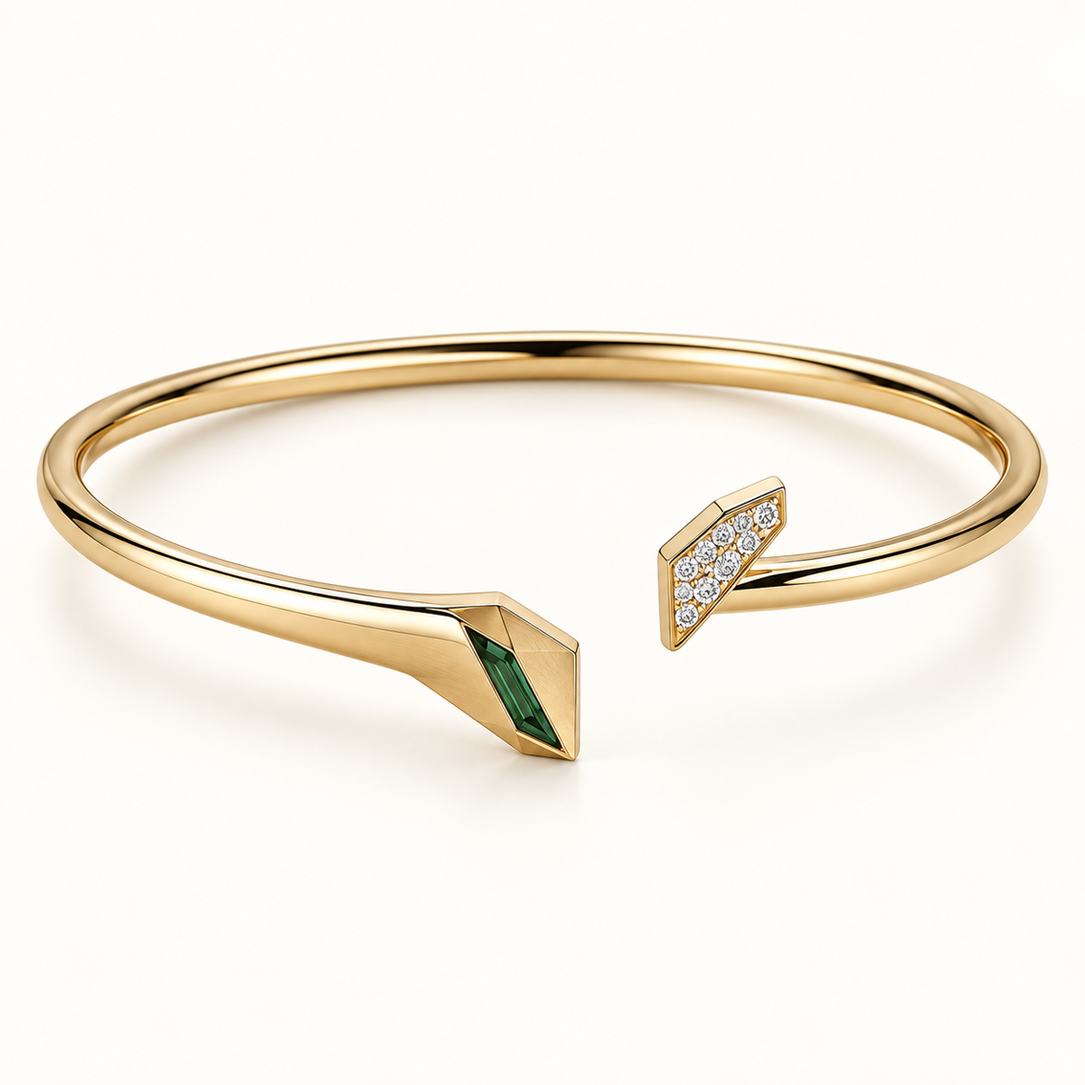 Kismet Twin-Point Bangle, a green, gold, white geometric bracelet