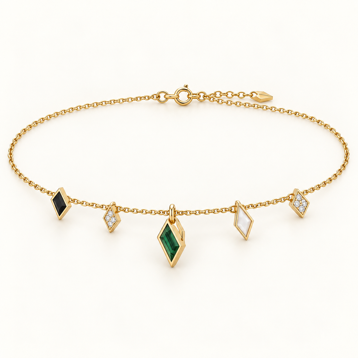 Silk Road Talisman Necklace, a green, black, gold, white geometric necklace