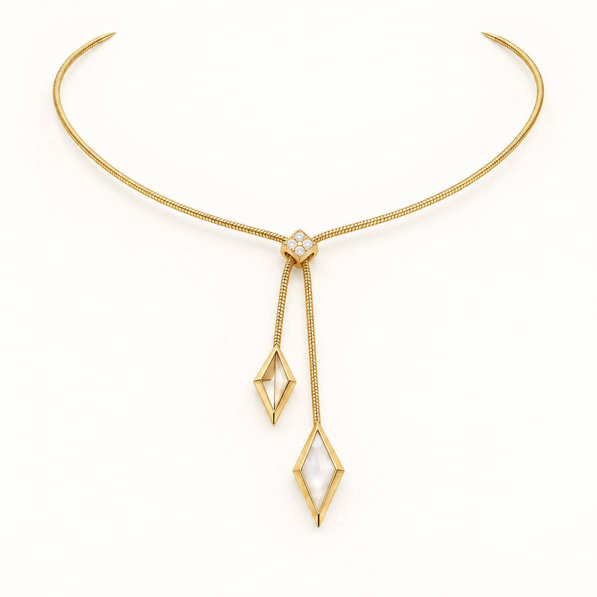 Miraj Rhombus Bolo Choker, a gold, white geometric necklace