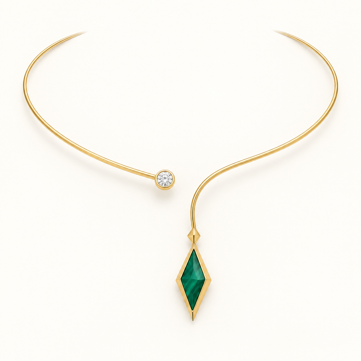 Asteria Emerald Torque, a green, gold, white geometric necklace