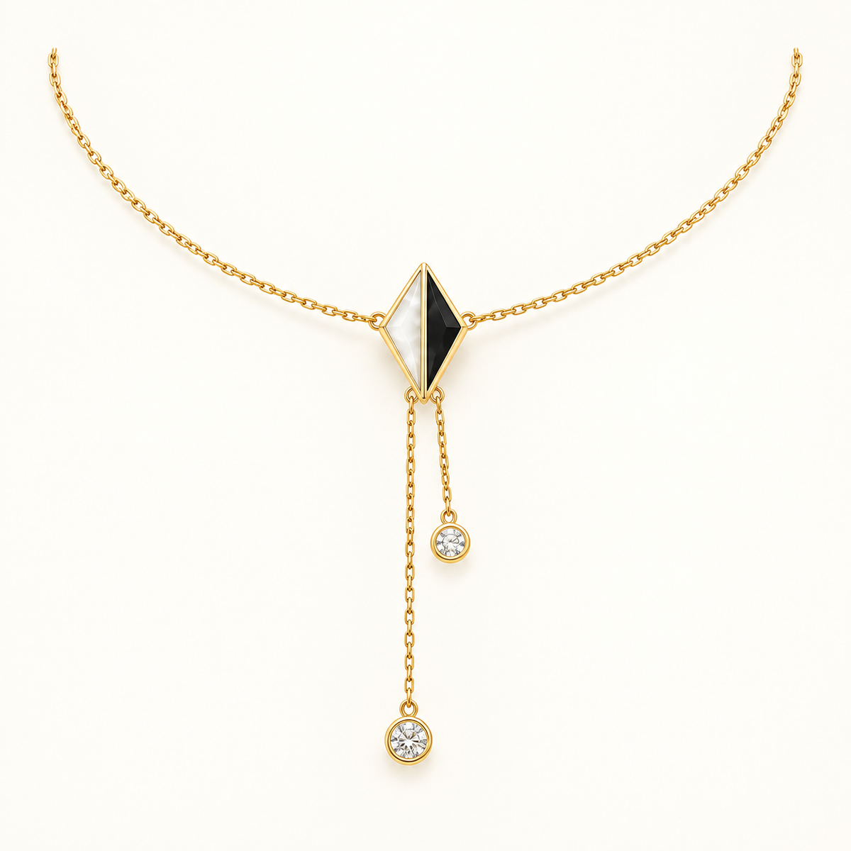 Nocturne Twin-Diamond Lariat, a black, gold, white geometric necklace