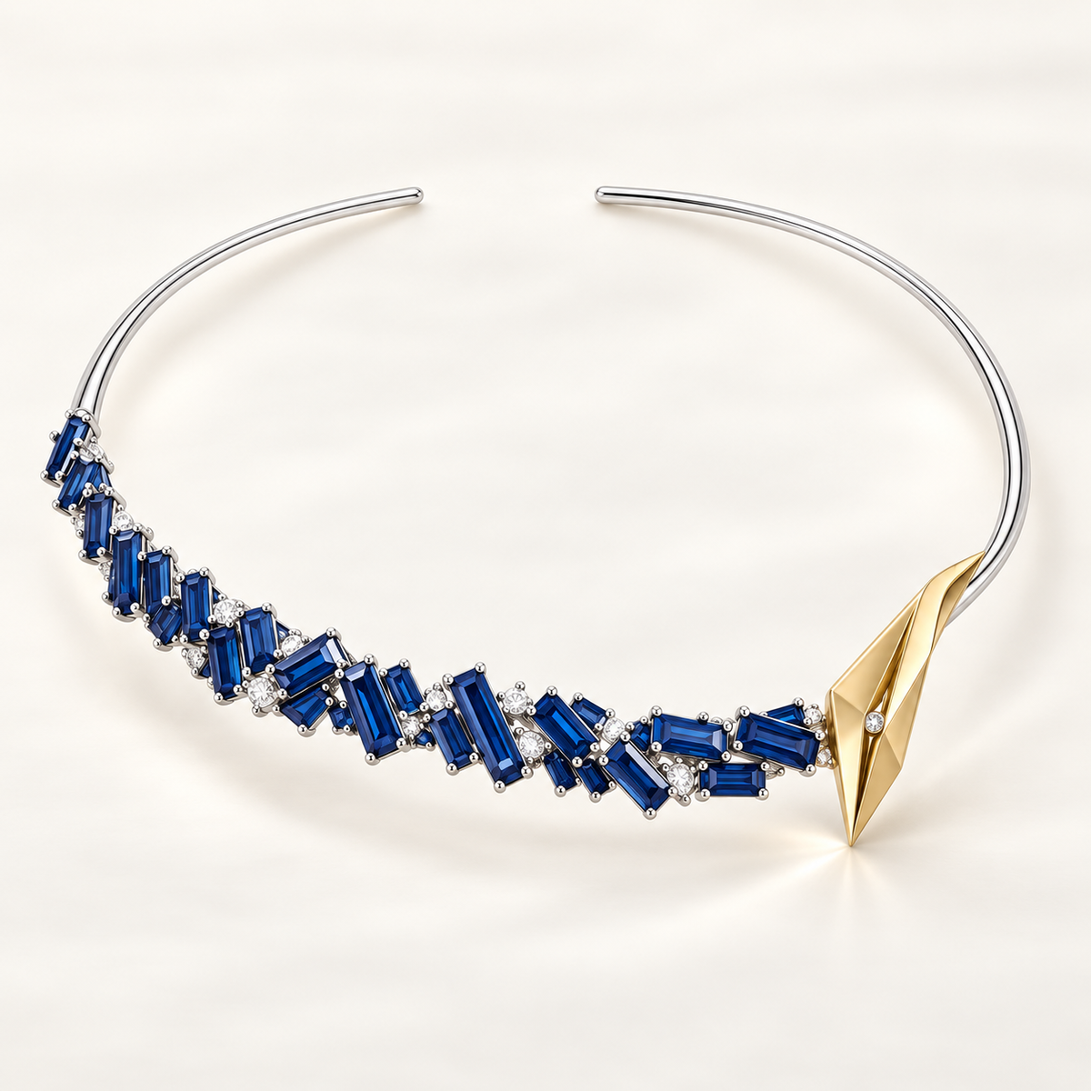 Jaipur Sapphire Collar, a blue, gold, silver, white geometric necklace