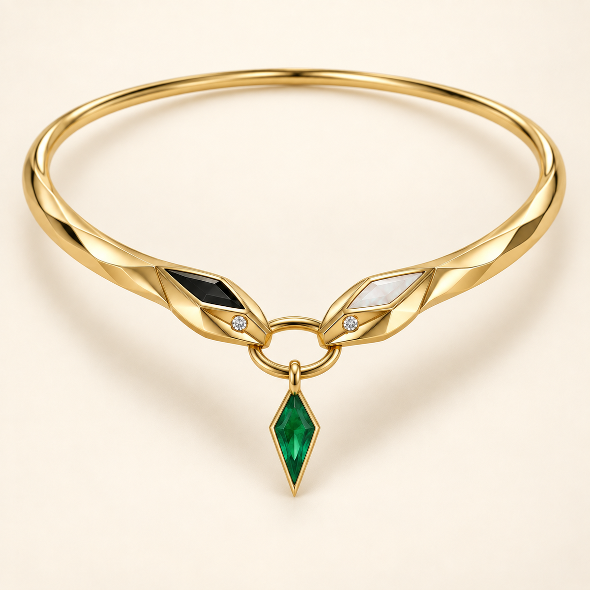 Ananta Duality Serpent Collar, gold-finished necklace with black, pearlescent, emerald-toned, and clear accents