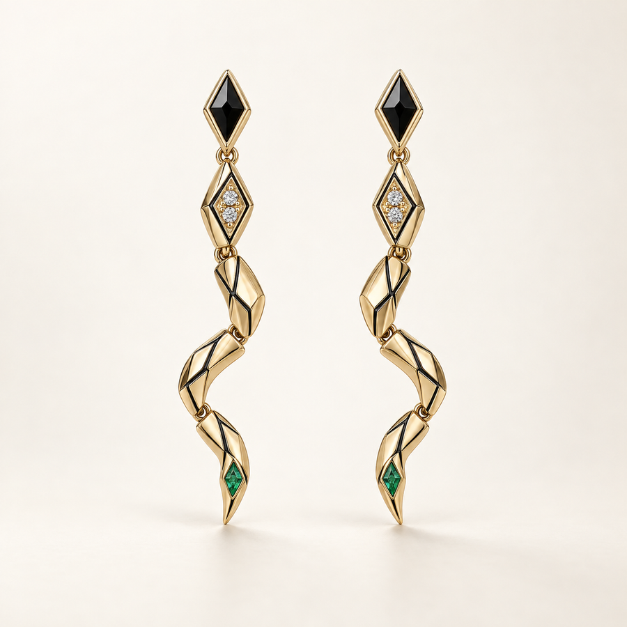 Nyx Emerald-Tail Serpent Earrings, articulated gold-finished drops with black, green, and clear crystal details